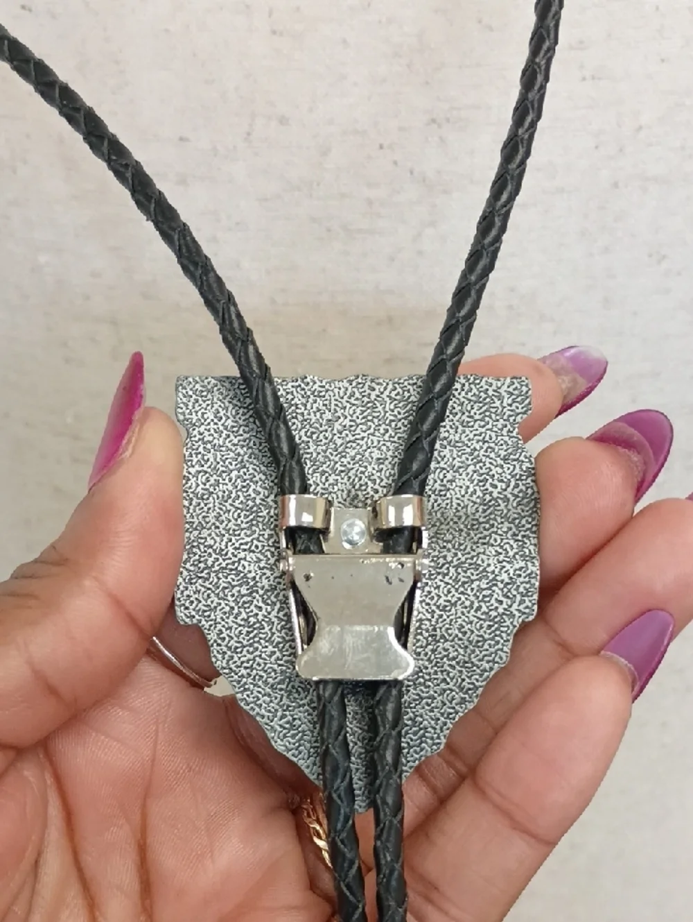Western Bolo Tie Necklace Ornate Silver Shield Black Cord Vintage Style